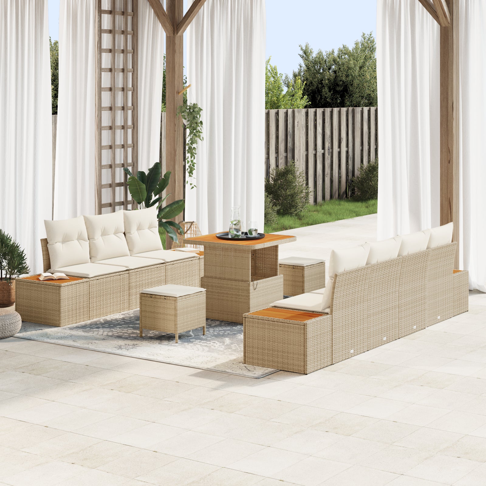 10-teiliges Garten Sofa Set mit Kissen Beige Poly Rattan Akazie, vidaXL 3-teiliges Garten Esstischset mit Kissen Beige Poly Rattan Akazie
