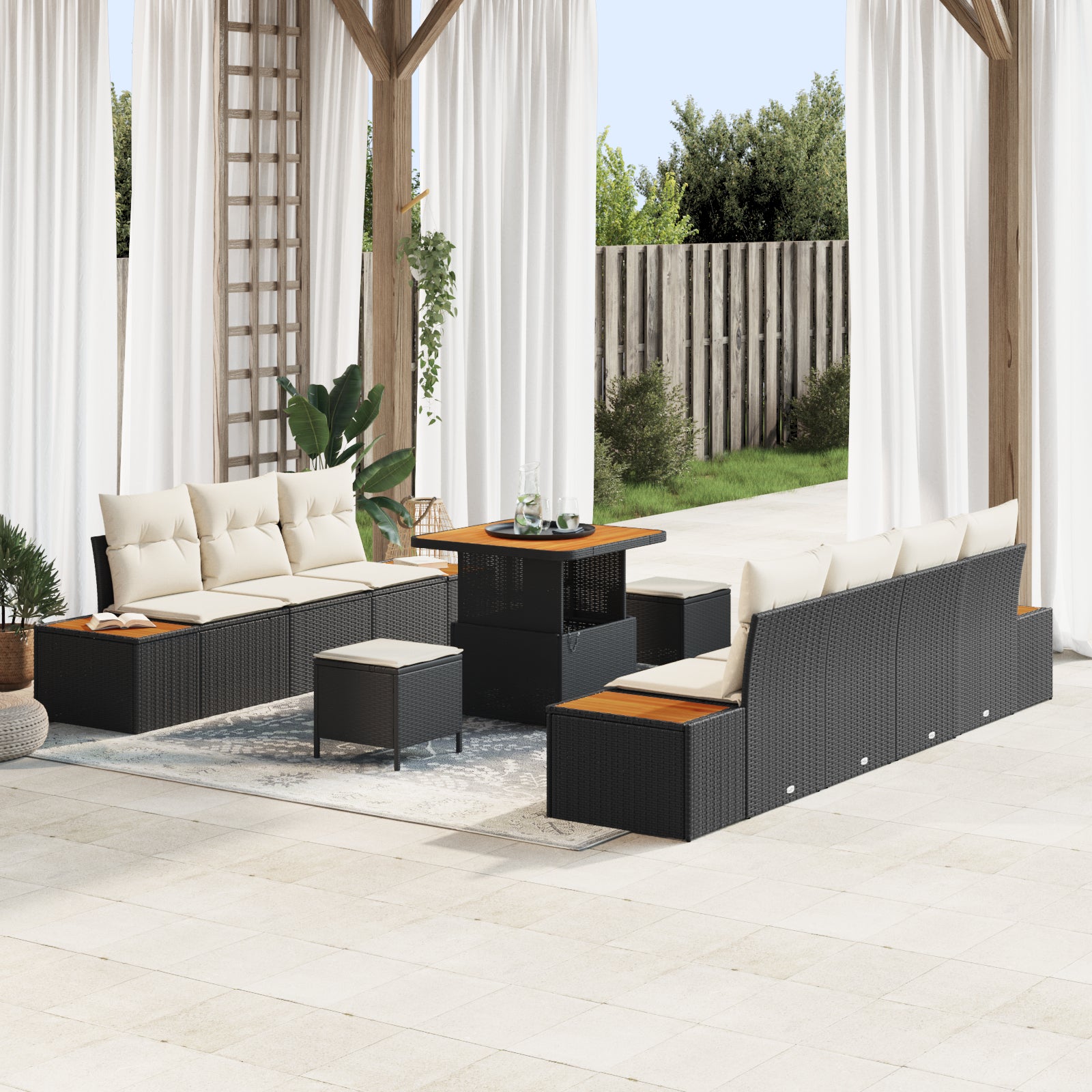 10-teilige Garten Sofa Set mit Kissen Schwarz Poly-Rattan Akazie, vidaXL 3-teilige Garten Essgruppe mit Kissen Schwarz Poly-Rattan Akazie