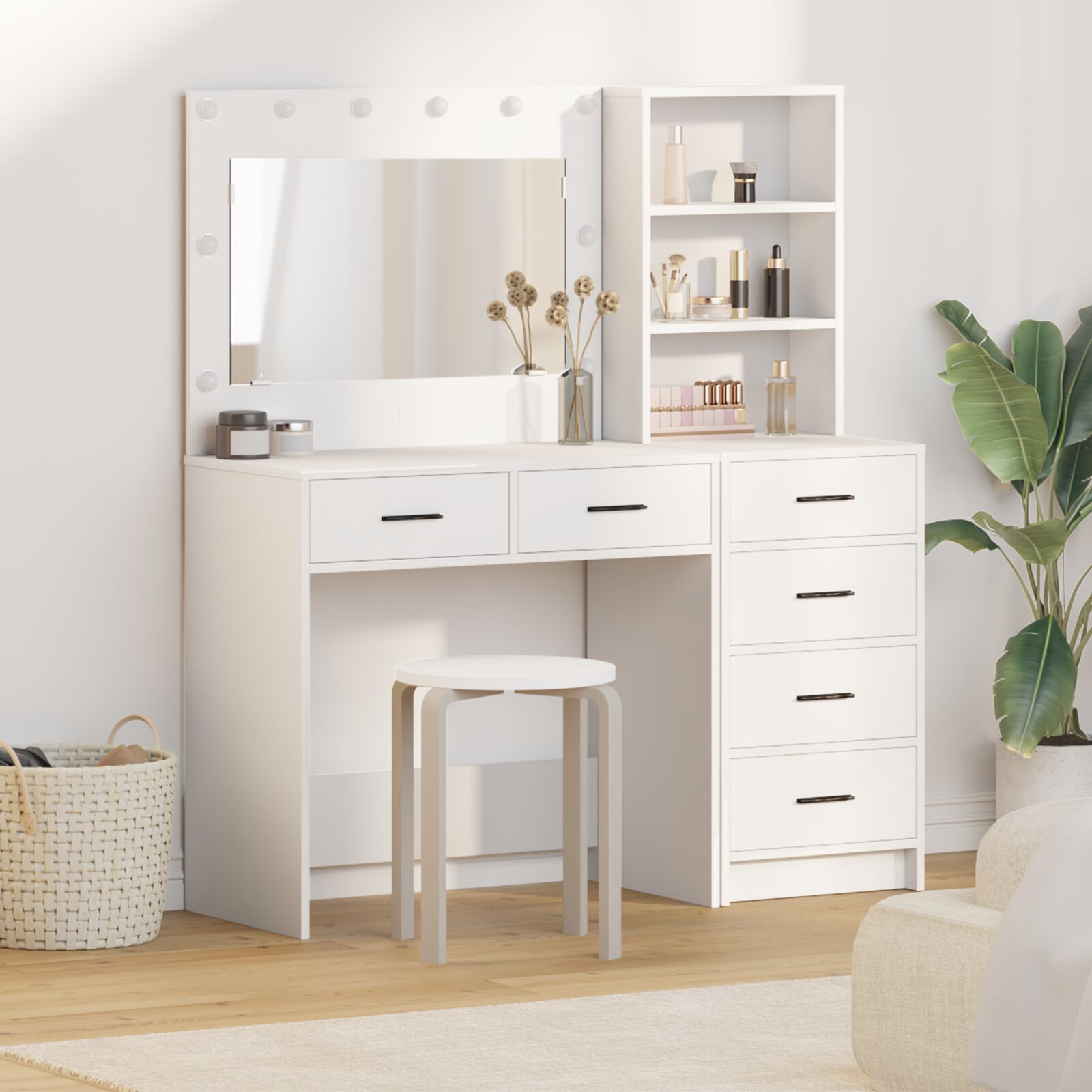 2-teiliges Dressing Tisch Set mit LED weißem Holz
