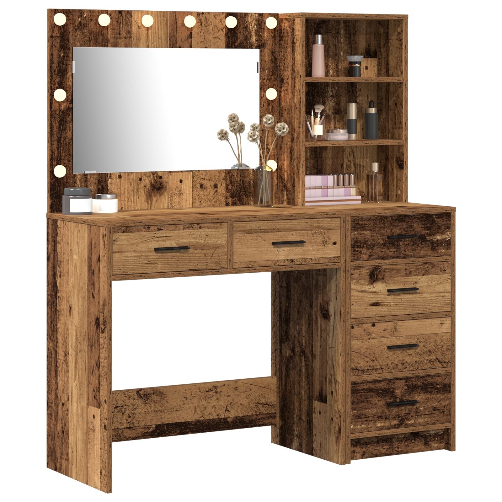 2 Teiliges Schminktischset mit LED alte Holzoptik Spanplatte