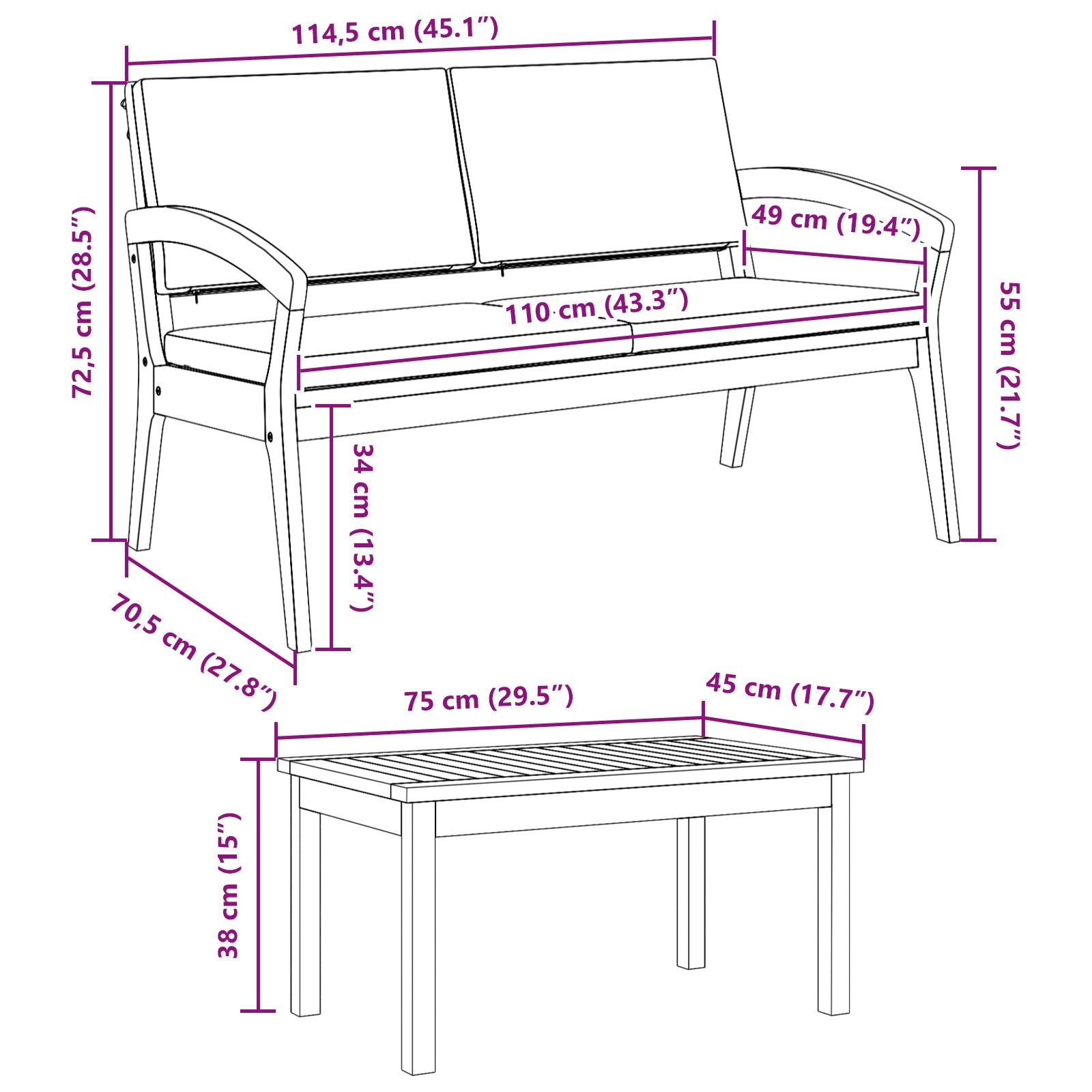 3-teiliges Bistro-Set mit Kissen aus massivem Akazienholz