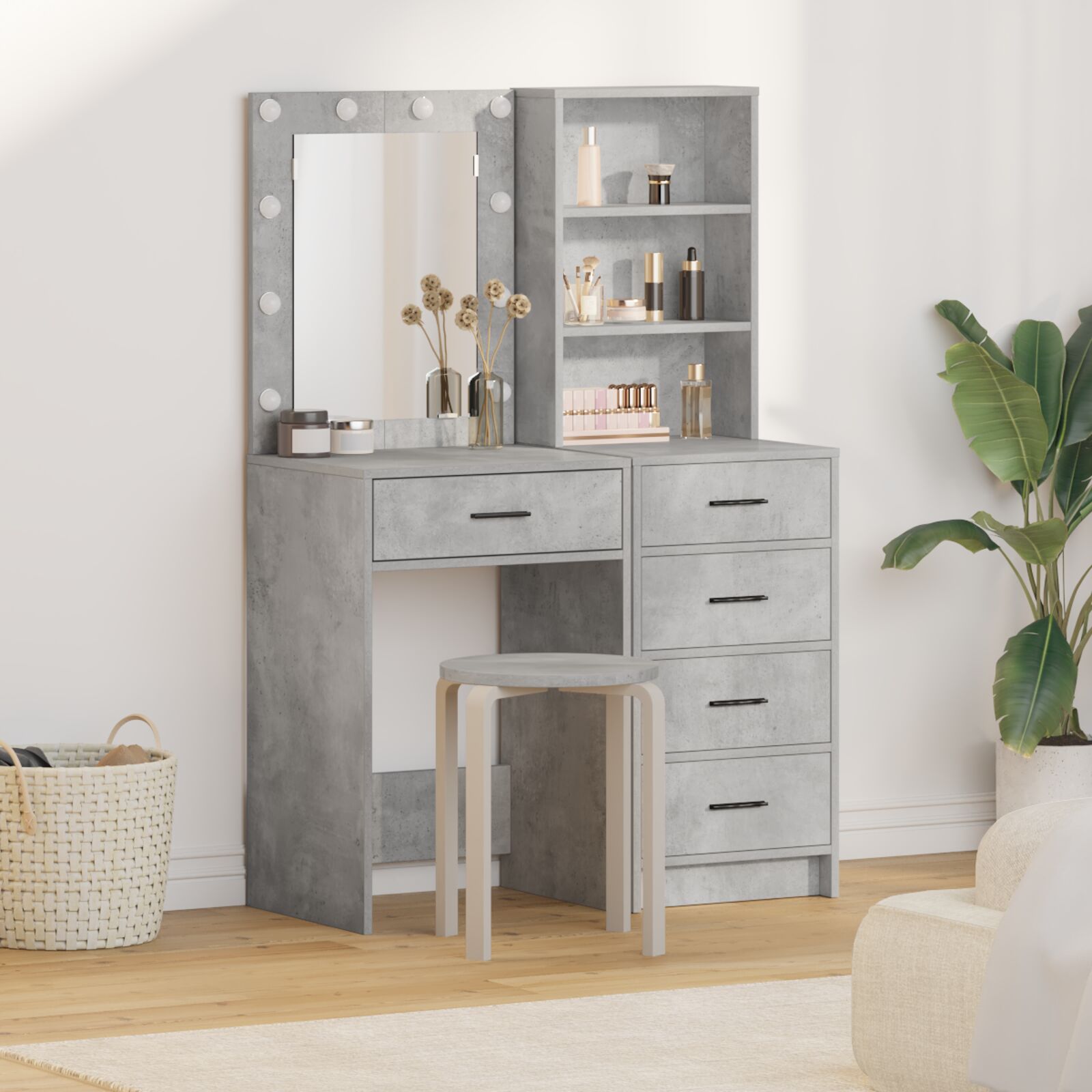 2-teiliges Schminktisch-Set mit LED in Beton-Grau, Holzwerkstoff