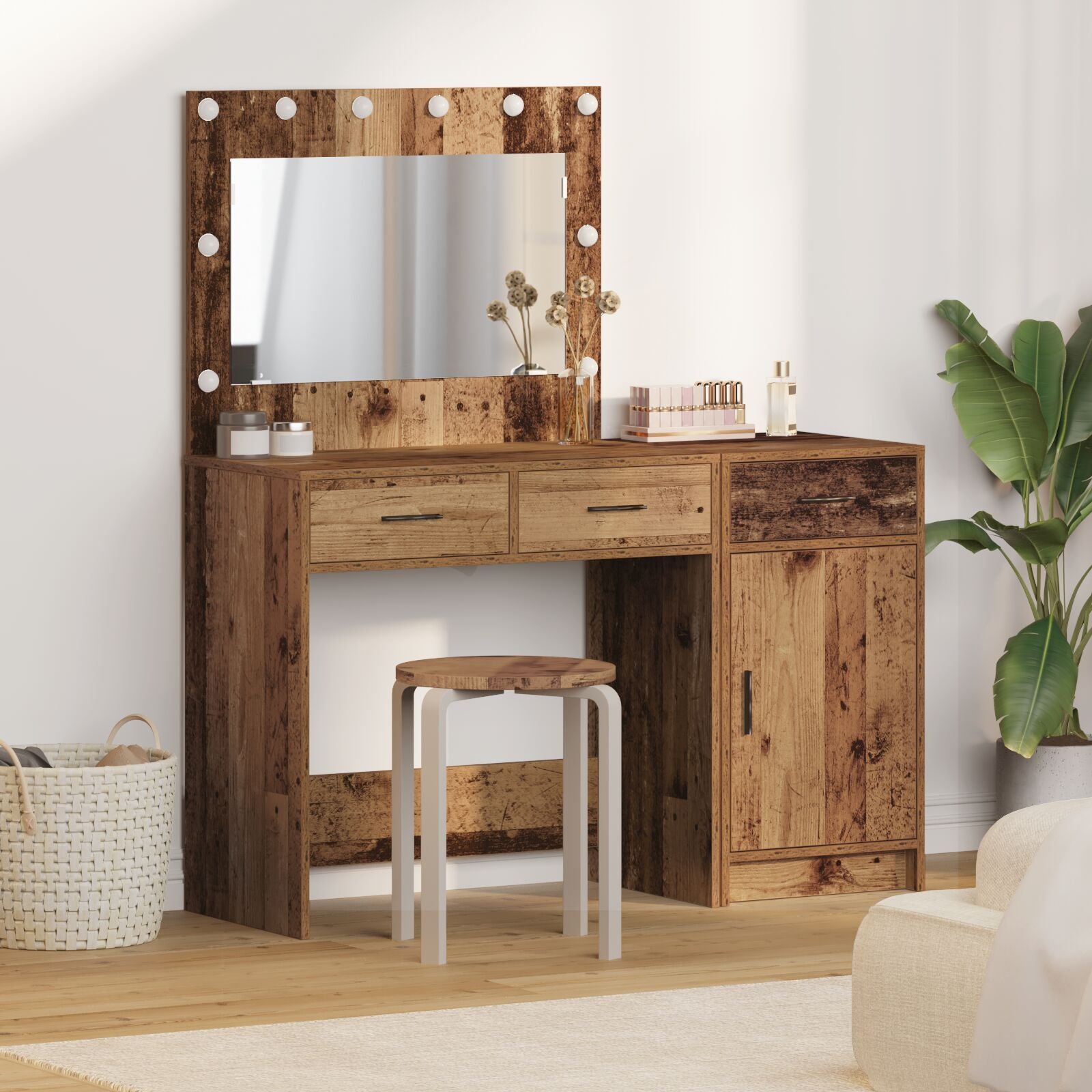 2-teiliges Schminktisch Set mit LED aus altem Holzwerkstoff