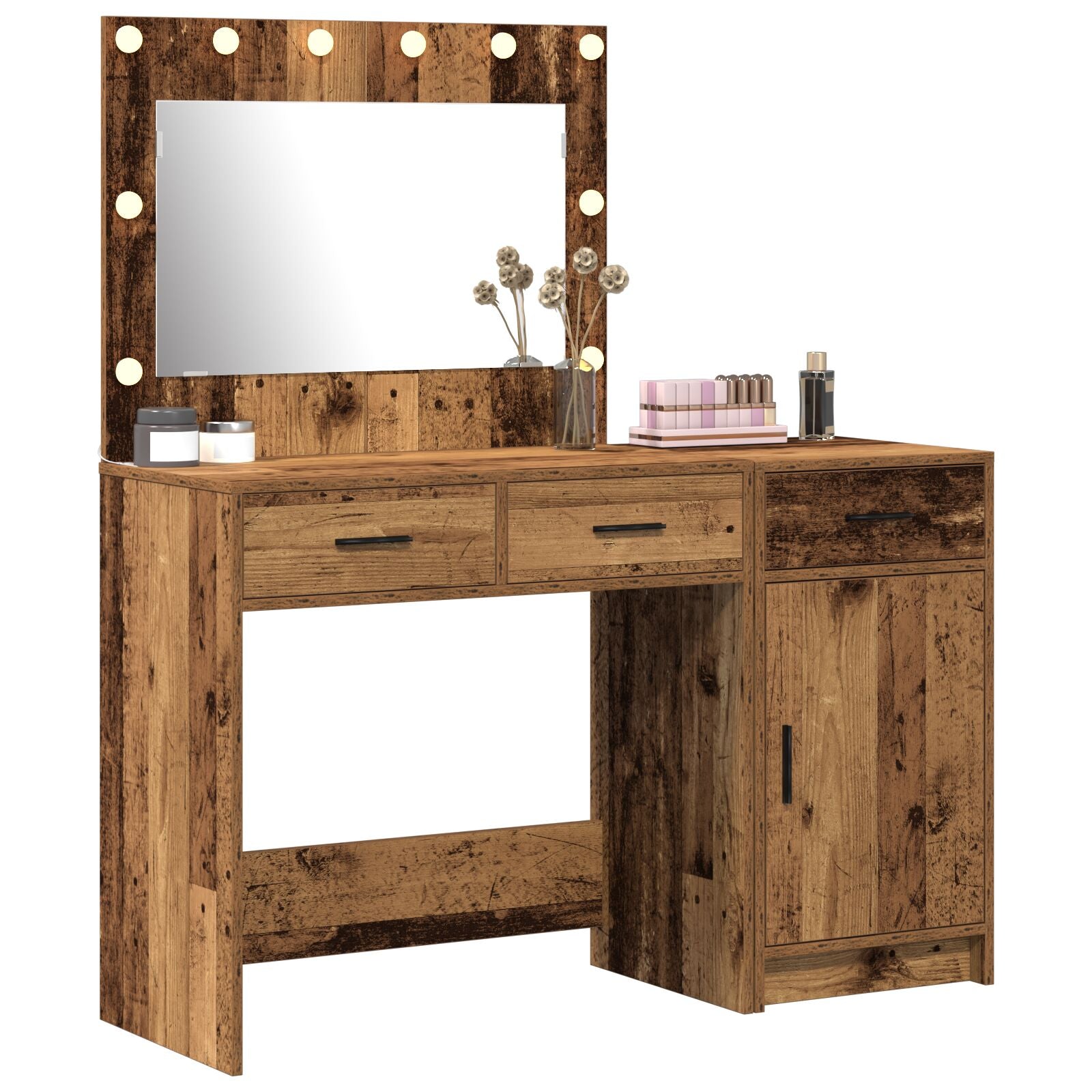 2-teiliges Schminktisch Set mit LED aus altem Holzwerkstoff