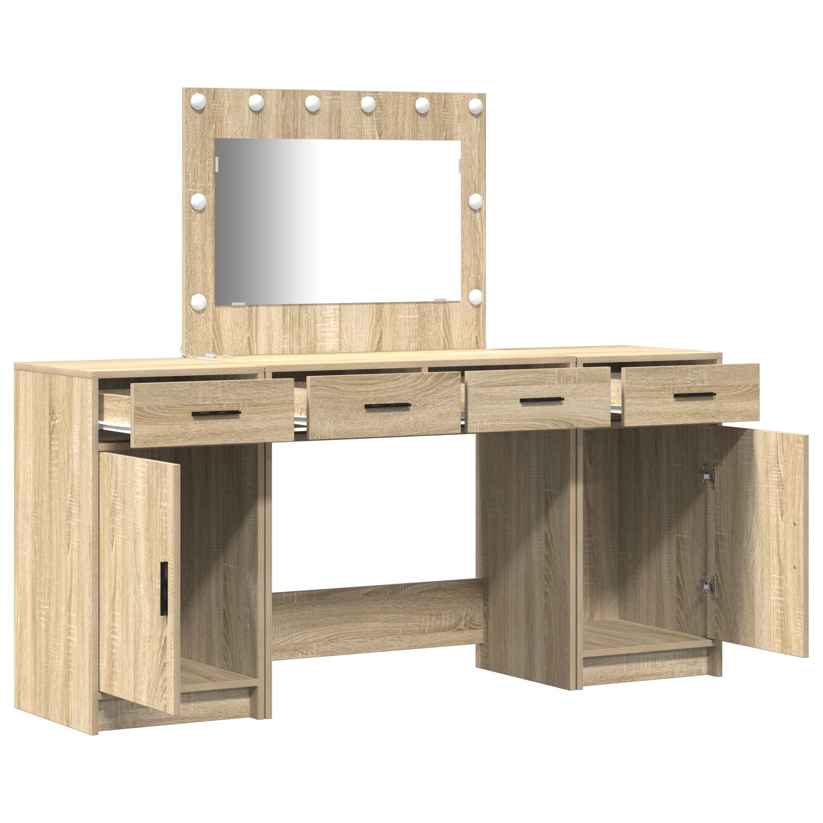 3-teiliges Make-up-Tisch-Set mit LED Sonoma Eichenholzwerkstoff