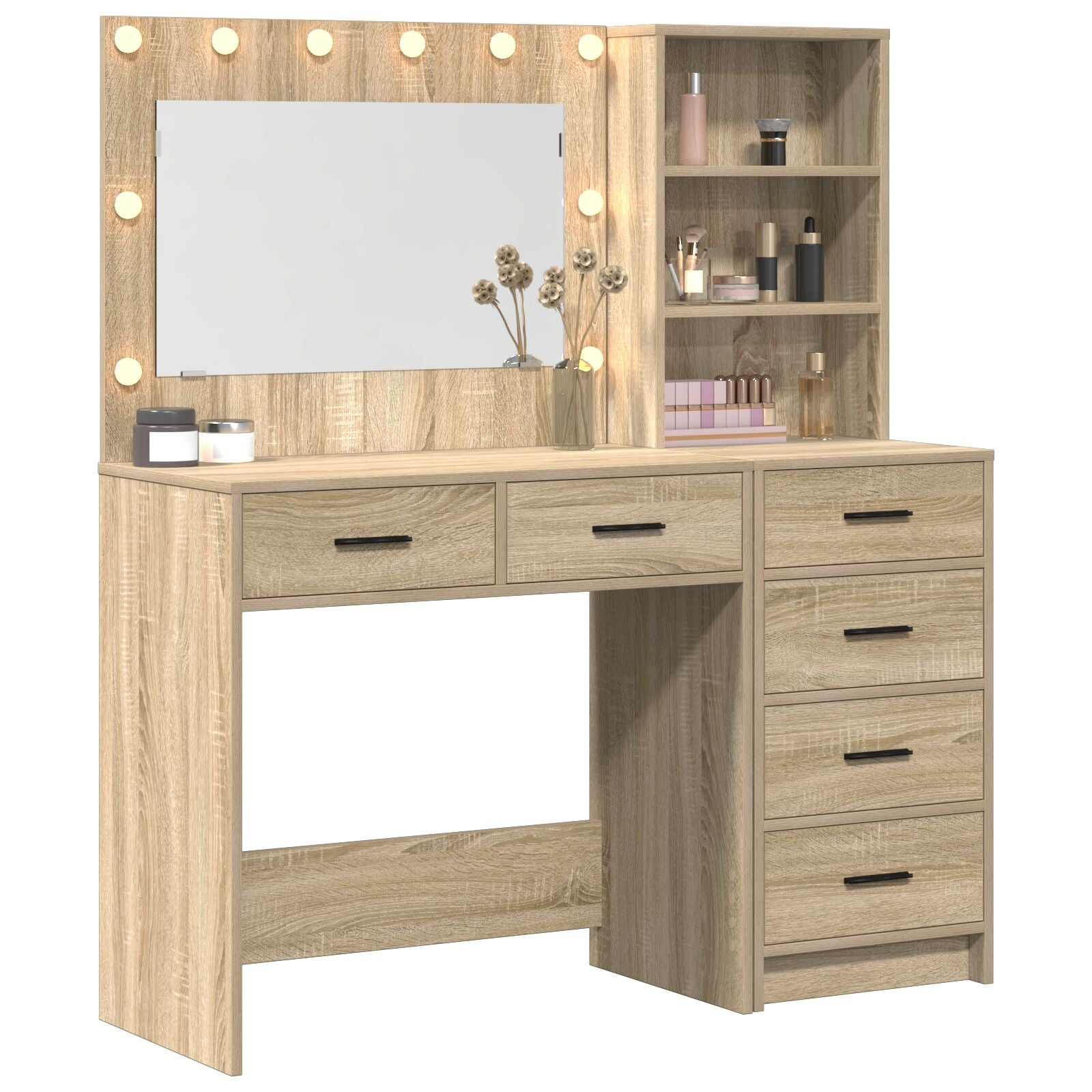 2-teiliger Kosmetiktisch Set mit LED Sonoma Eiche Spanplatte