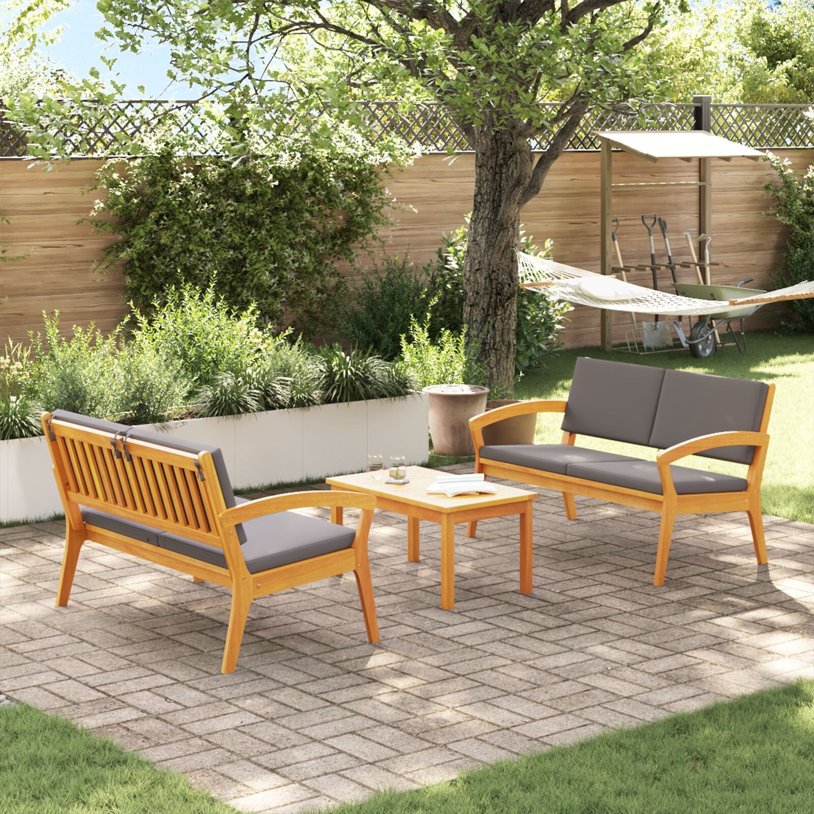 3-teiliges Bistro-Set mit Kissen aus massivem Akazienholz