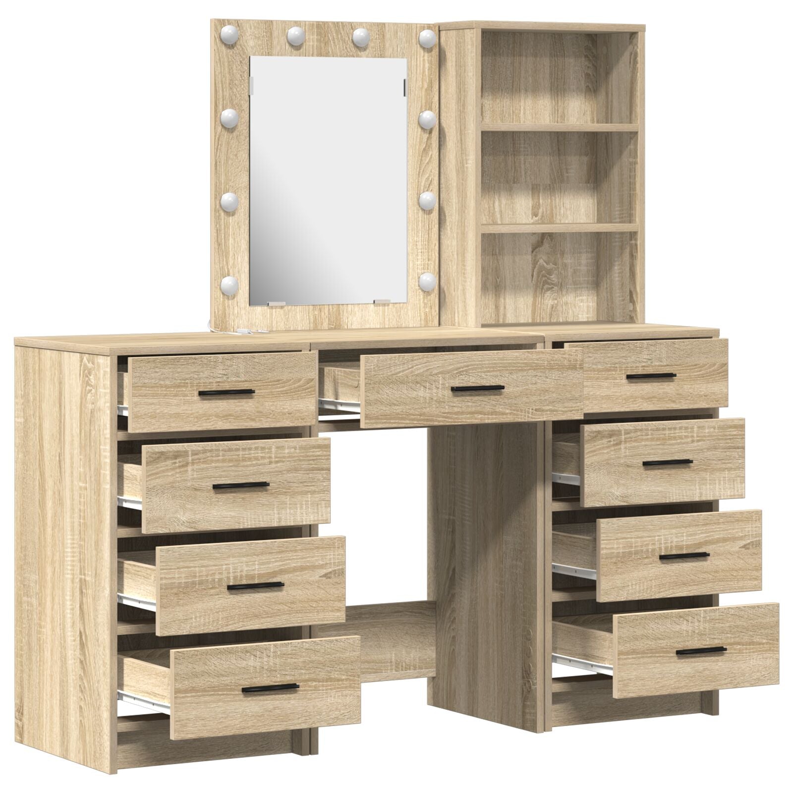 3-teiliges Frisiertischset mit LED Sonoma Eiche Holzwerkstoff