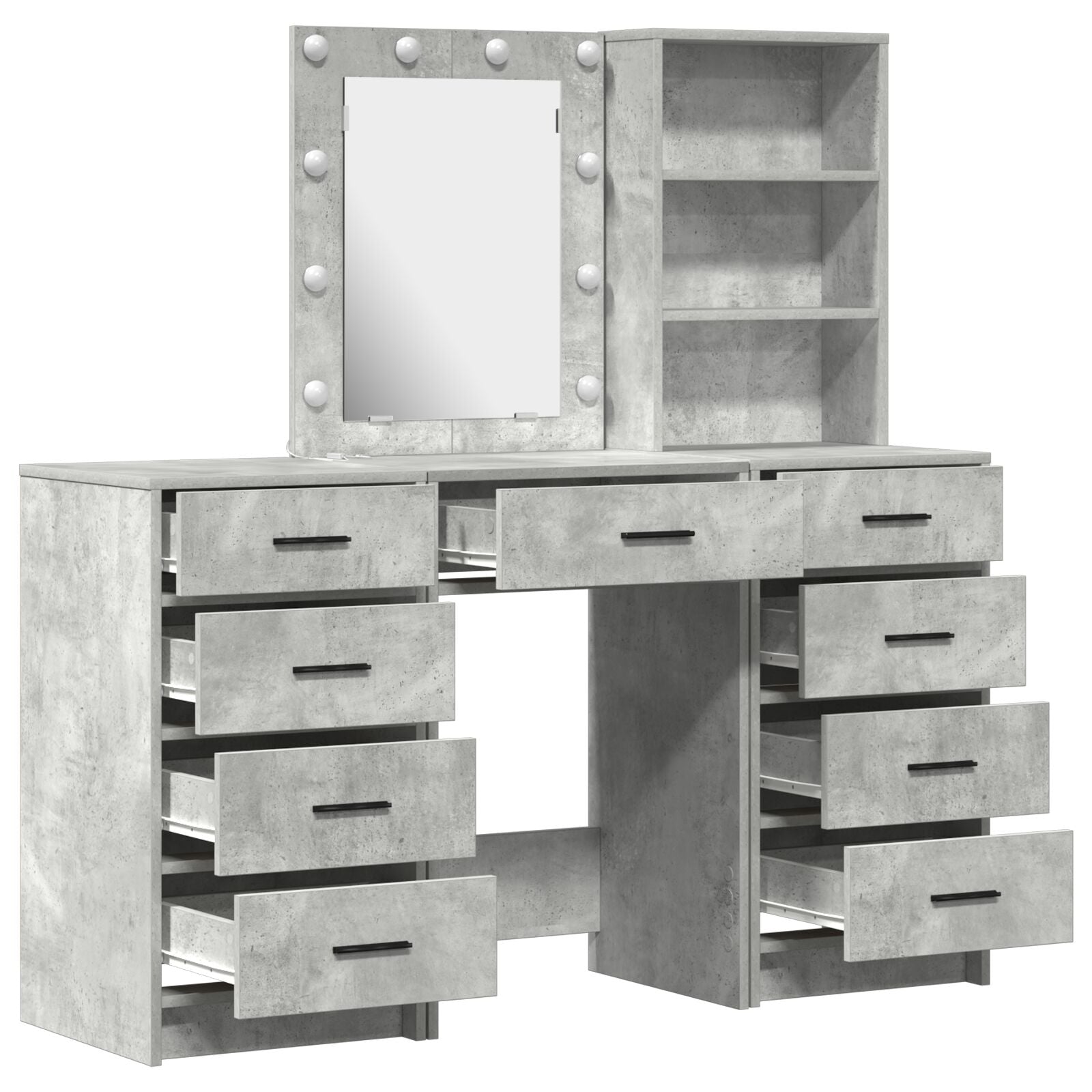 3-teiliges Schminktischset mit LED - Beton Grau Holzwerkstoff