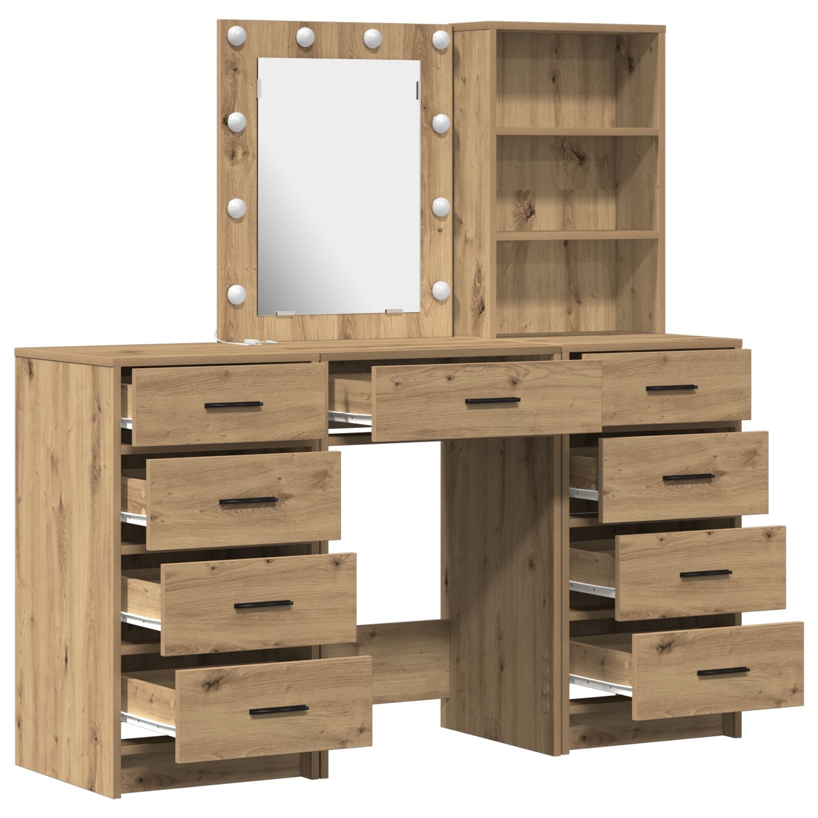 3-teiliges Schminktischset mit LED in Artisan Eiche Holzwerkstoff