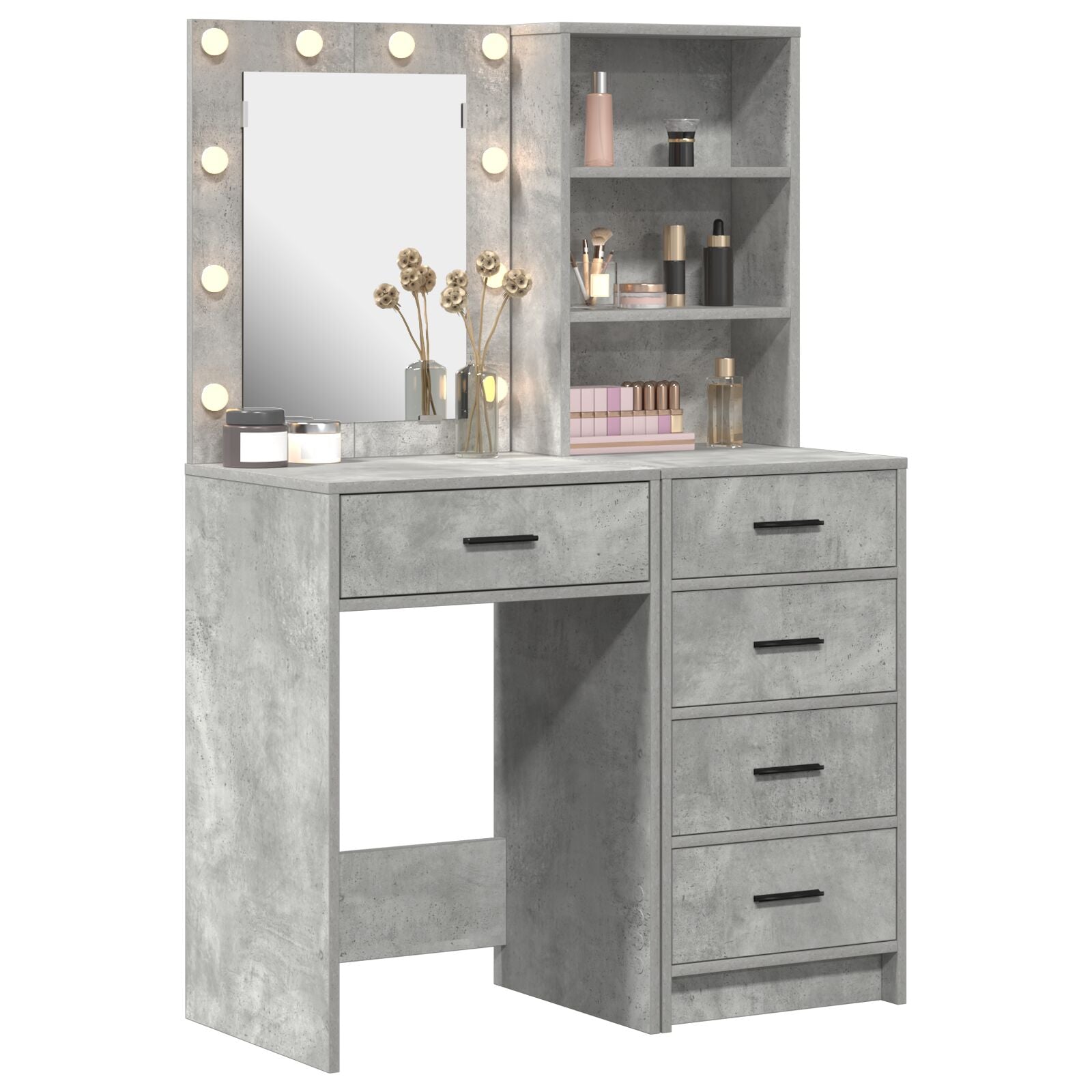 2-teiliges Schminktisch-Set mit LED in Beton-Grau, Holzwerkstoff