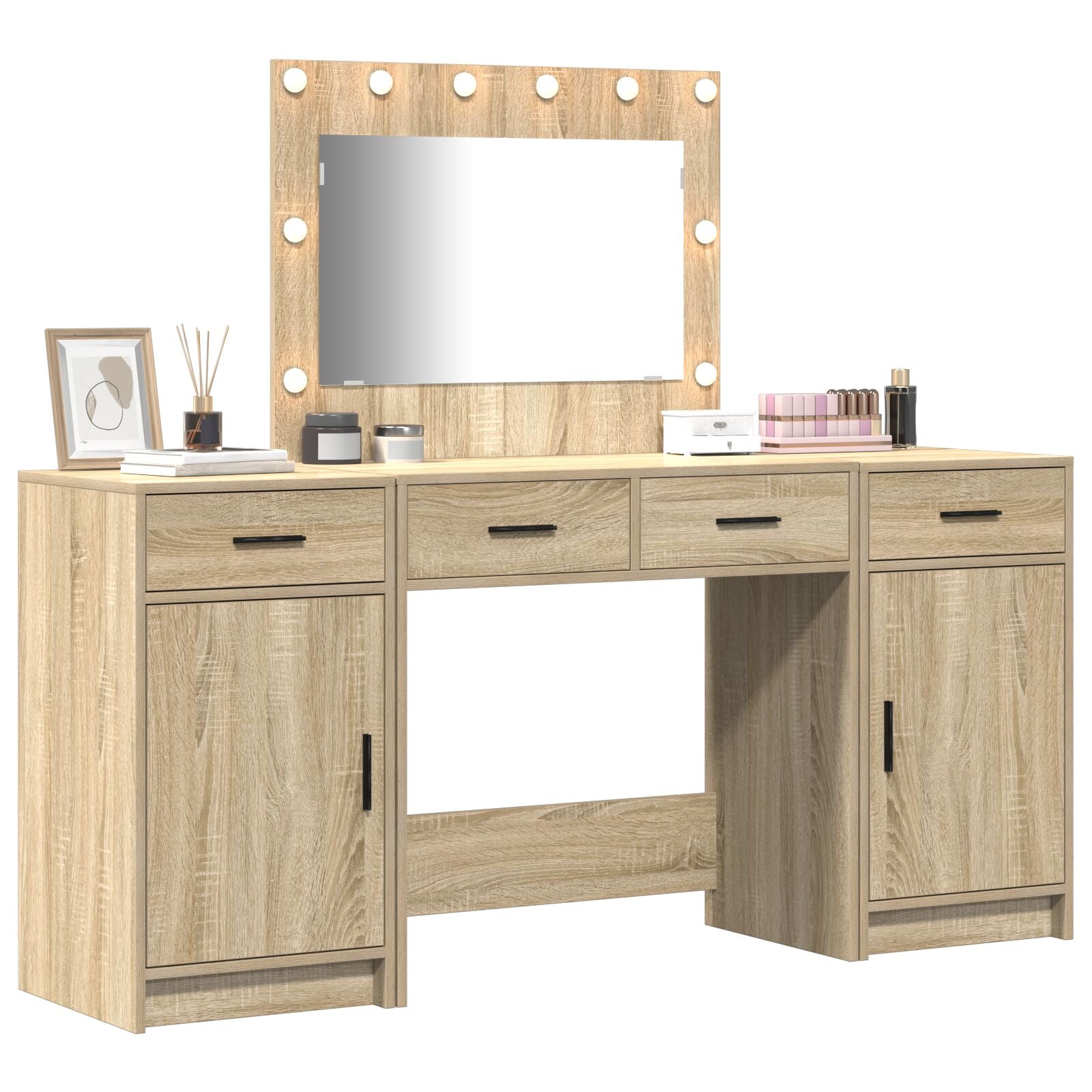 3-teiliges Make-up-Tisch-Set mit LED Sonoma Eichenholzwerkstoff