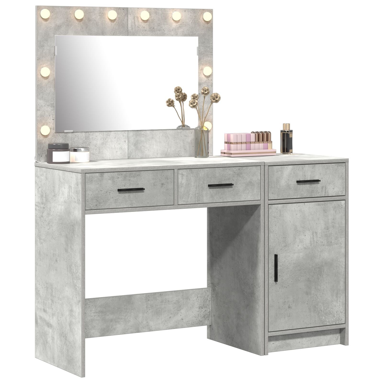 2-teiliges Schminktisch-Set mit LED in Beton Grau aus Holzwerkstoff