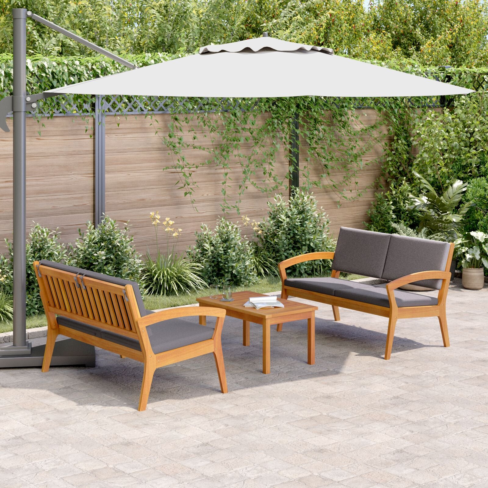 3-teiliges Bistro-Set mit Kissen aus massivem Akazienholz