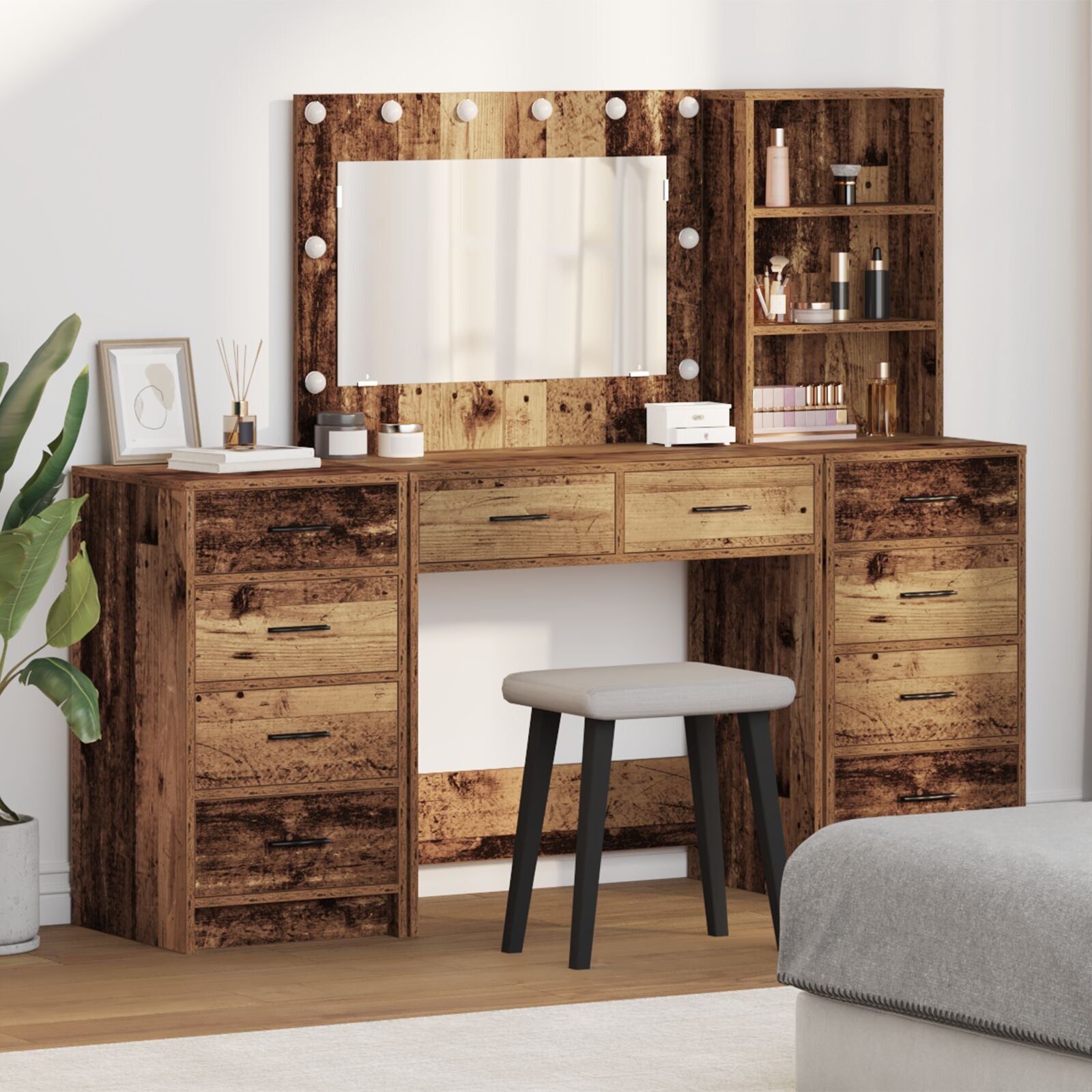 3-teiliges Frisiertisch Set mit LED Alter Holz Holzwerkstoff