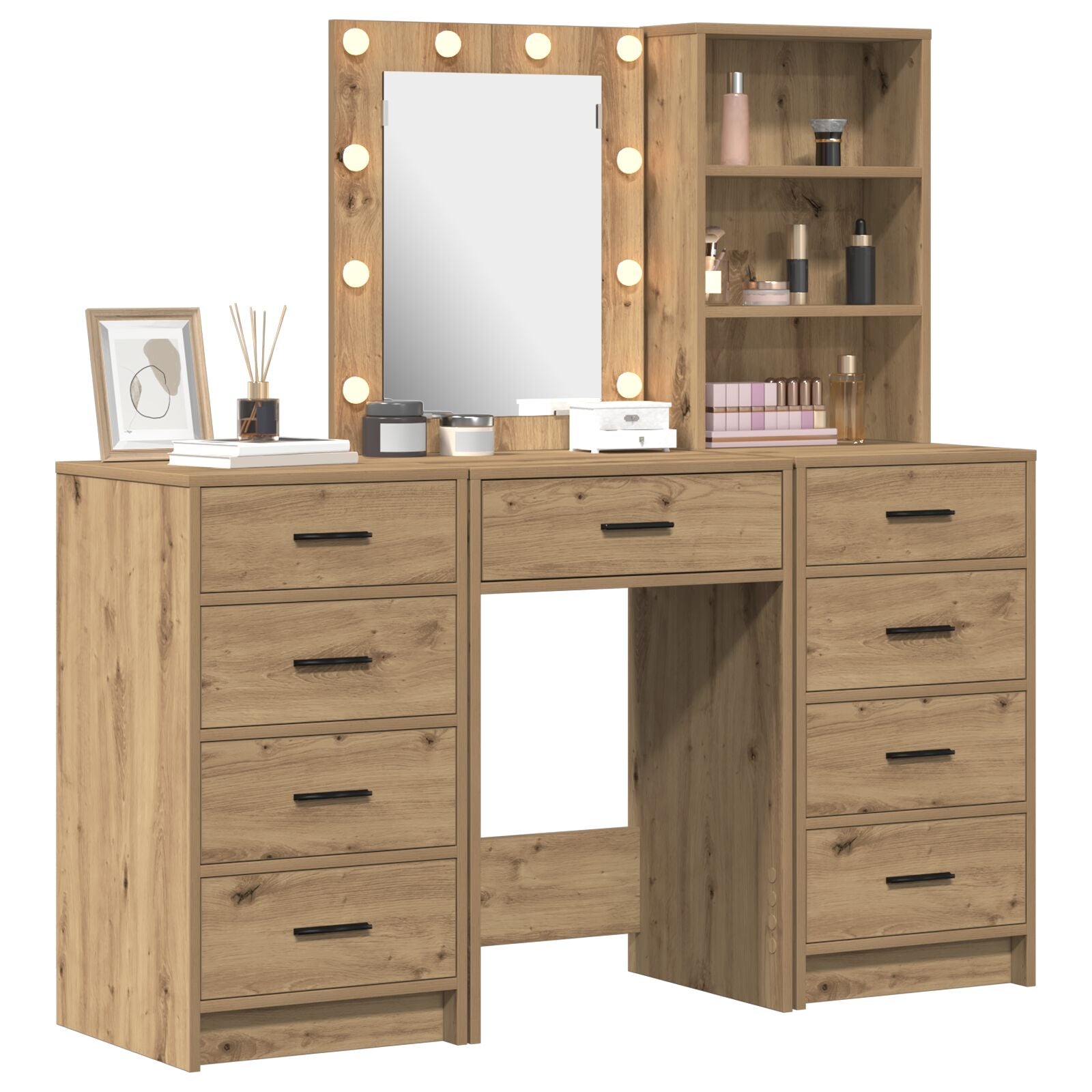 3-teiliges Schminktischset mit LED in Artisan Eiche Holzwerkstoff