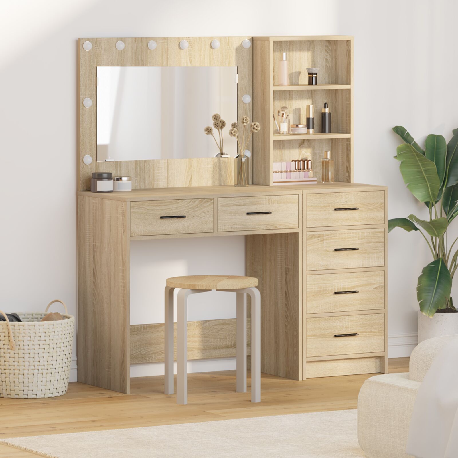 2-teiliger Kosmetiktisch Set mit LED Sonoma Eiche Spanplatte