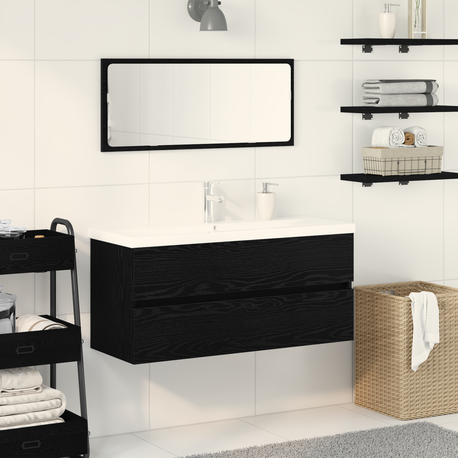 Waschbeckenunterschrank mit integriertem Becken in Schwarz Eiche Holzwerkstoff