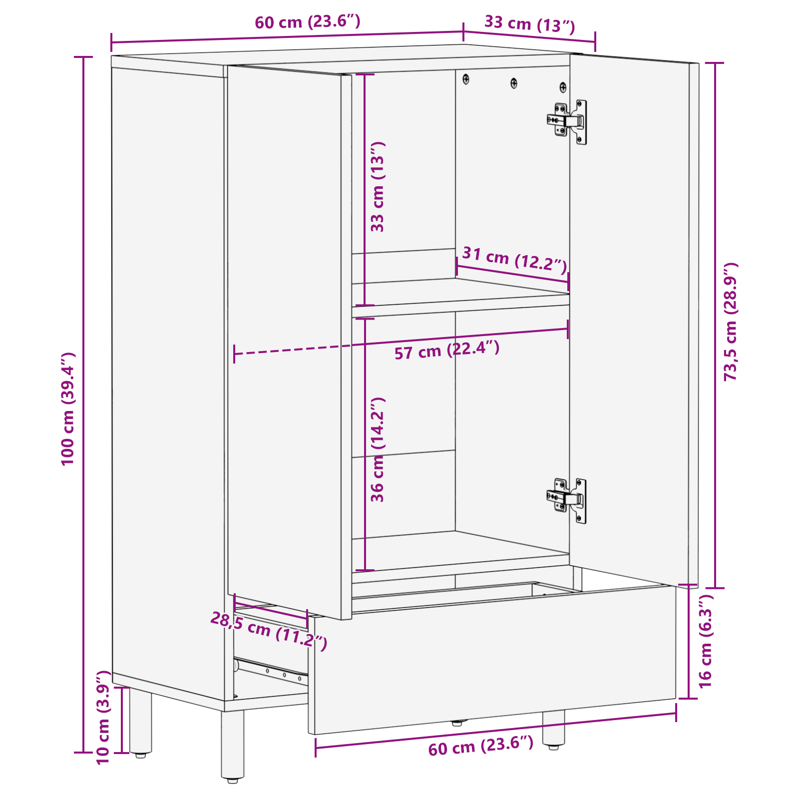 Highboard 60x33x100 cm Massivholz Akazie